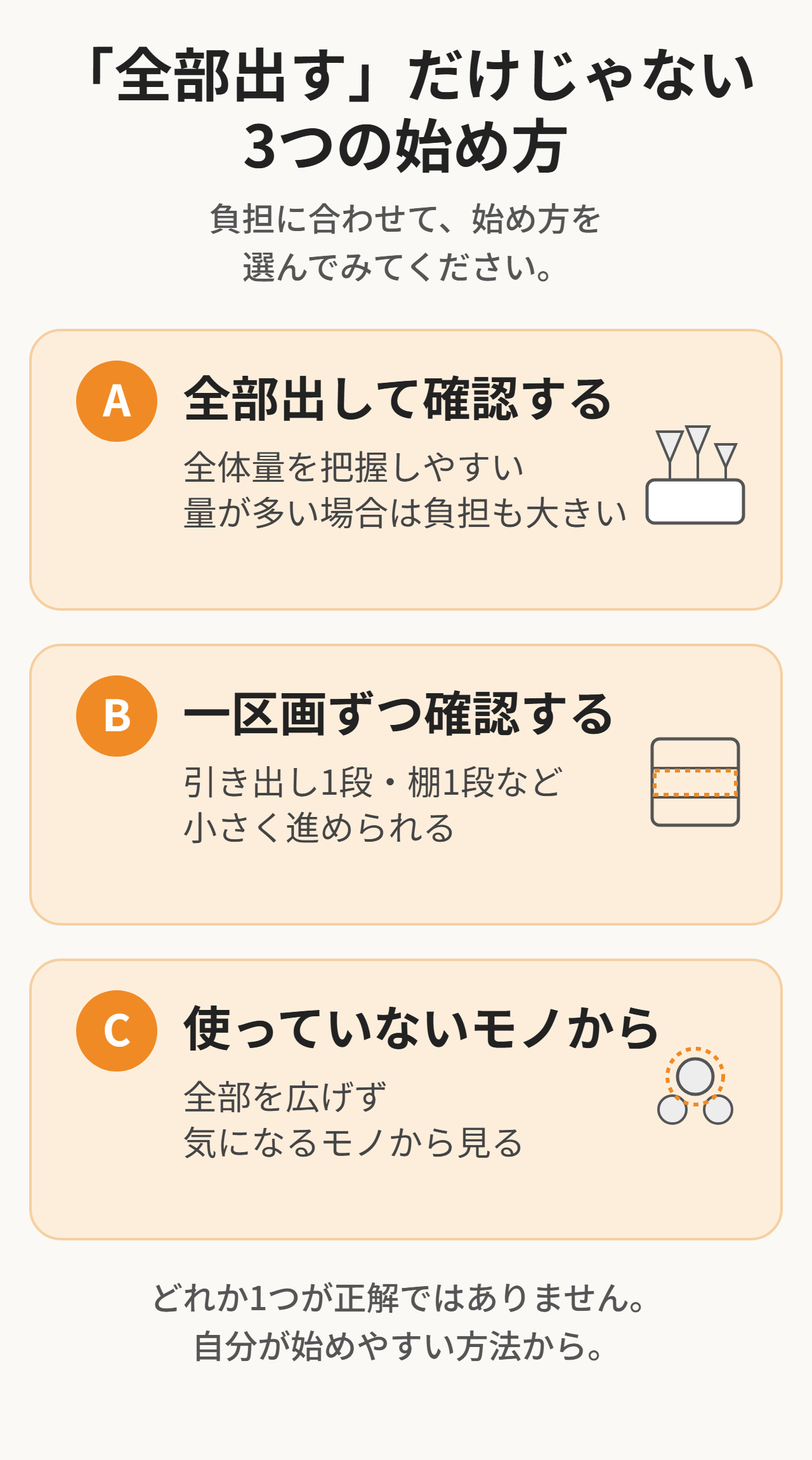 クローゼットのモノを把握するための全部出す・一区画ずつ・使っていないモノから確認する3つの始め方